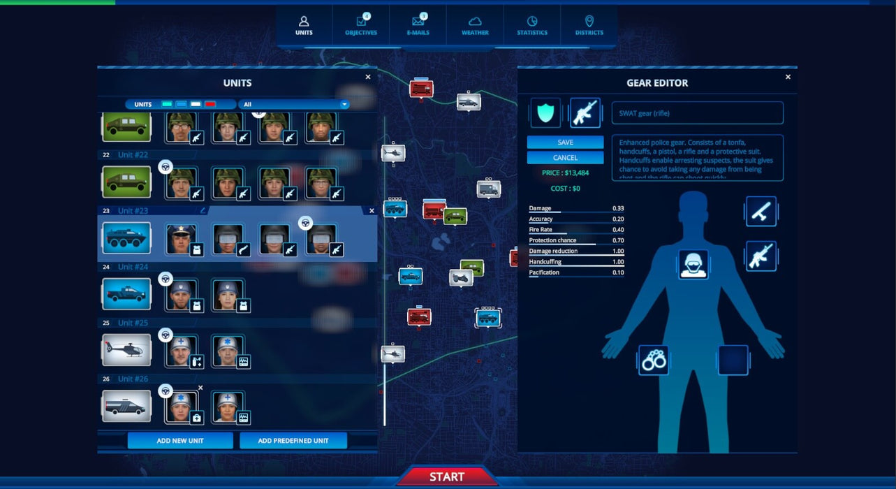 112 Operator gear editor interface showing SWAT team equipment and unit customization options. Experience realistic emergency management by purchasing steam game key at RushGame.co