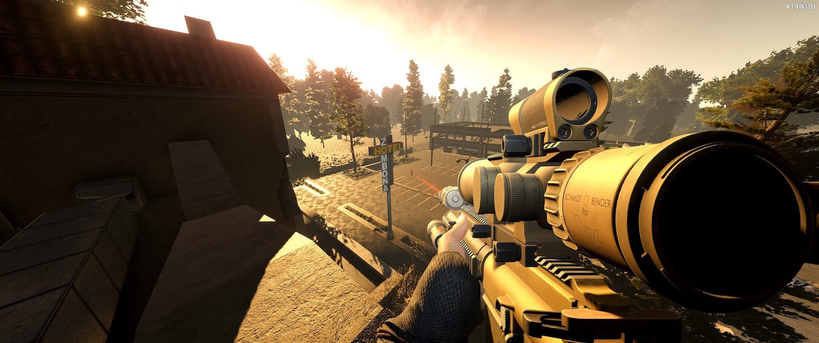7 Days to Die first-person perspective aiming with a sniper rifle in a post-apocalyptic town. Buy the game at RushGame.co and take on the undead threat with strategic combat.