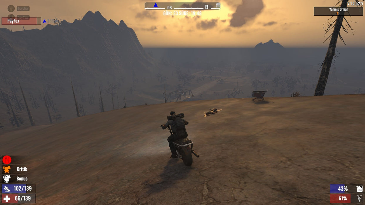 7 Days to Die gameplay featuring a survivor riding a motorcycle through a desolate landscape at sunset. Explore, loot, and survive by purchasing your Steam code from RushGame.co today