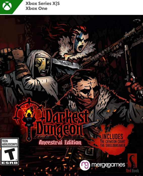 cover art for Darkest Dungeon: Ancestral Edition on Xbox One and Xbox Series X|S. The illustration features four iconic heroes: the Highwayman, Plague Doctor, Barbarian, and Crusader, prepared for battle in the game's signature gothic art style. The Merge Games and Red Hook Studios logos appear in the bottom left corner. Buy Darkest Dungeon Xbox CD keys instantly at RushGame.co