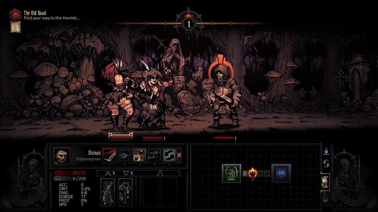 n-game screenshot from Darkest Dungeon: Ancestral Edition on Xbox One and Xbox Series X|S. The player's party faces off against monstrous, grotesque enemies in a dark dungeon setting. The UI displays character stats, turn-based combat actions, and resistance attributes. Buy your game key now at RushGame.co