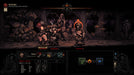 n-game screenshot from Darkest Dungeon: Ancestral Edition on Xbox One and Xbox Series X|S. The player's party faces off against monstrous, grotesque enemies in a dark dungeon setting. The UI displays character stats, turn-based combat actions, and resistance attributes. Buy your game key now at RushGame.co