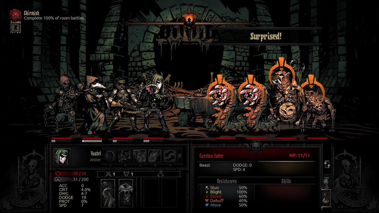 A battle sequence in Darkest Dungeon: Ancestral Edition for Xbox, showcasing the player's four-member team engaging terrifying dungeon creatures. The combat interface highlights status effects, enemy resistances, and tactical turn-based strategy elements. Get your digital game key instantly at RushGame.co