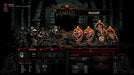 A battle sequence in Darkest Dungeon: Ancestral Edition for Xbox, showcasing the player's four-member team engaging terrifying dungeon creatures. The combat interface highlights status effects, enemy resistances, and tactical turn-based strategy elements. Get your digital game key instantly at RushGame.co