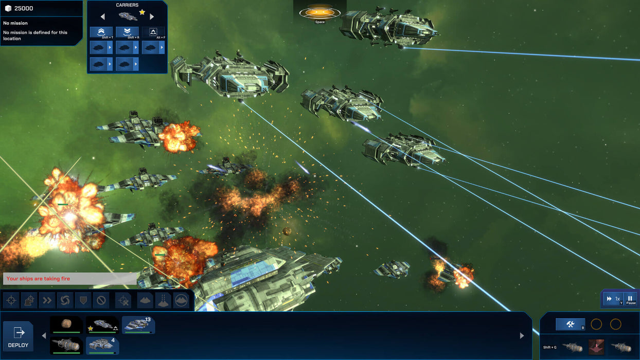Massive sci-fi space battle with futuristic warships in Dust Fleet, captured mid-explosion with bright laser effects. Secure your Dust Fleet Steam CD Key instantly at RushGame.co and join the interstellar war