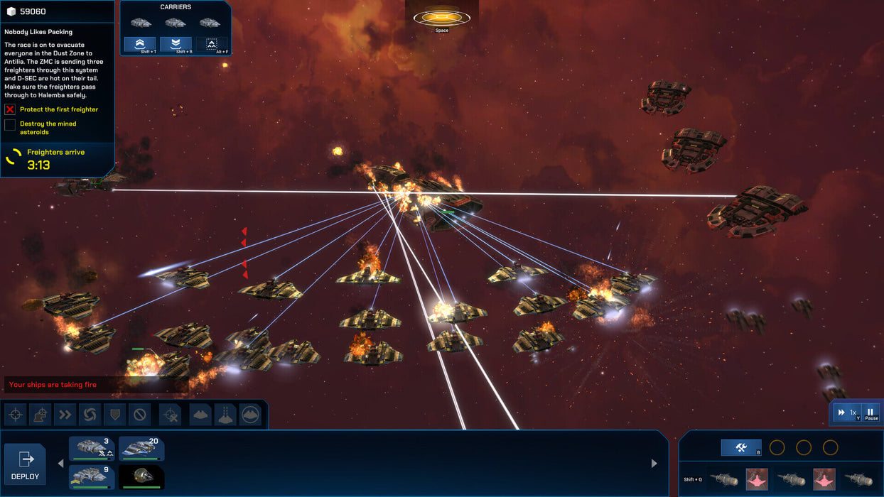 A tactical space combat scene from Dust Fleet, featuring a large formation of spaceships exchanging laser fire during an intense fleet battle. Buy the Dust Fleet Steam CD Key at RushGame.co and command your armada in the depths of space