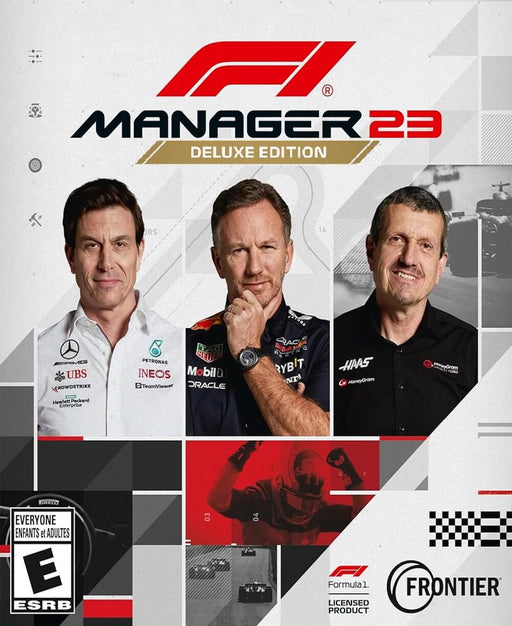 cover art of F1 Manager 2023 Deluxe Edition, featuring team principals Toto Wolff, Christian Horner, and Günther Steiner, alongside race strategy visuals. Buy your F1 Manager 2023 Deluxe Edition PC Steam CD Key at RushGame.co and take control of your own Formula 1 team