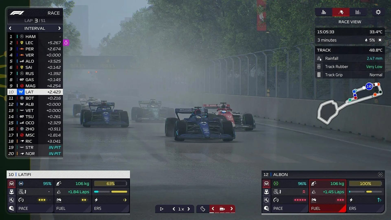 F1 Manager 2023 gameplay screenshot of a wet race, with Williams and Ferrari cars battling through heavy rain, creating a dramatic mist on the track. Secure your F1 Manager 2023 Deluxe Edition PC Steam CD Key at RushGame.co and master unpredictable weather conditions in F1 racing