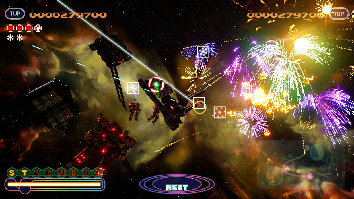 Gameplay screenshot - Fantavision 202X PS5 gameplay screenshot featuring breathtaking fireworks bursting against a deep space background with planets and futuristic structures. Purchase your digital game key now at RushGame.co and immerse yourself in the action