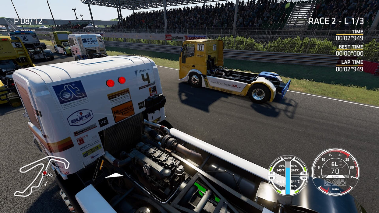 FIA European Truck Racing Championship Gameplay Screenshot (Starting Grid) Realistic truck racing action in FIA European Truck Racing Championship on Xbox One, showing the intense start of a race with trucks lined up on the grid. Get your game key today at RushGame.co for an authentic truck racing experience
