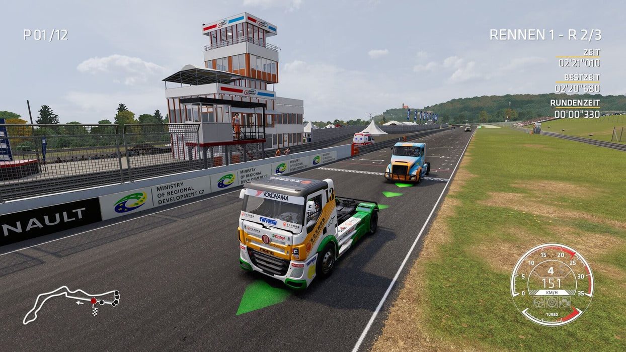 FIA European Truck Racing Championship Gameplay Screenshot (Finish Line) Close-up of a truck crossing the finish line in FIA European Truck Racing Championship on Xbox One, featuring high-speed competition on an official FIA track. Race to victory with your own digital game key from RushGame.co