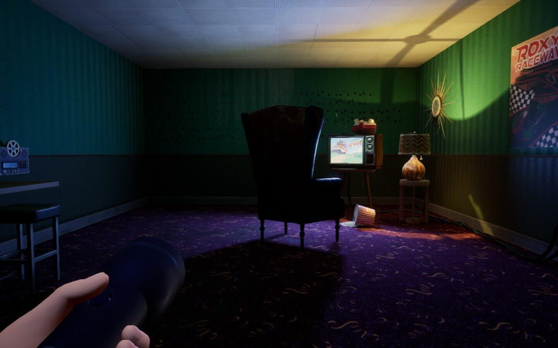 In-game screenshot from Five Nights at Freddy's: Security Breach on Xbox, showcasing a mysterious room with a vintage television set and dim lighting, creating an eerie atmosphere. Secure your Xbox CD Key at RushGame.co and survive the chilling thrills tonight!
