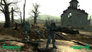 Gameplay Screenshot: A Brotherhood of Steel soldier in power armor standing near a ruined building in the Capital Wasteland. Buy your Fallout 3 GOTY CD Key today at RushGame.co