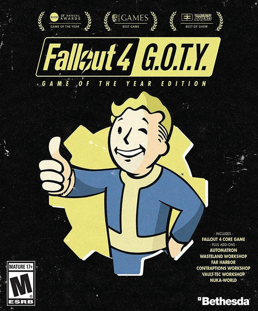 Cover art for Fallout 4: Game of the Year Edition on PC (GOG). Featuring Vault Boy giving a thumbs-up against a black and yellow design, highlighting the award-winning status of the game. Buy your Fallout 4 GOTY CD key at RushGame.co for instant digital delivery