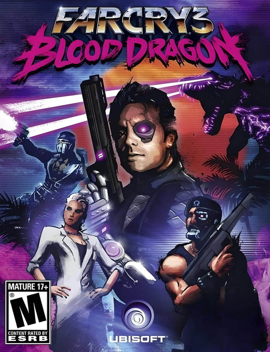 Cover art for Far Cry 3: Blood Dragon on PC, featuring a neon-lit cyber-warrior with a futuristic gun, surrounded by a retro sci-fi aesthetic. Buy your Far Cry 3: Blood Dragon Ubisoft Connect CD Key instantly at RushGame.co with fast digital delivery
