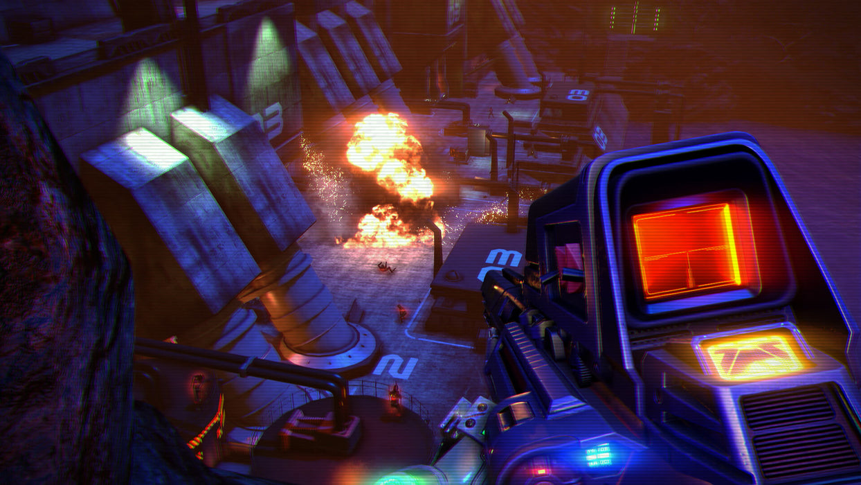 Gameplay Screenshot (PC) - Explosive Combat; First-person shooter gameplay in Far Cry 3: Blood Dragon, showing a player aiming a futuristic weapon at an enemy base with explosions lighting up the cyberpunk-inspired environment. Get your digital game key now at RushGame.co and dive into the action