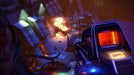 Gameplay Screenshot (PC) - Explosive Combat; First-person shooter gameplay in Far Cry 3: Blood Dragon, showing a player aiming a futuristic weapon at an enemy base with explosions lighting up the cyberpunk-inspired environment. Get your digital game key now at RushGame.co and dive into the action