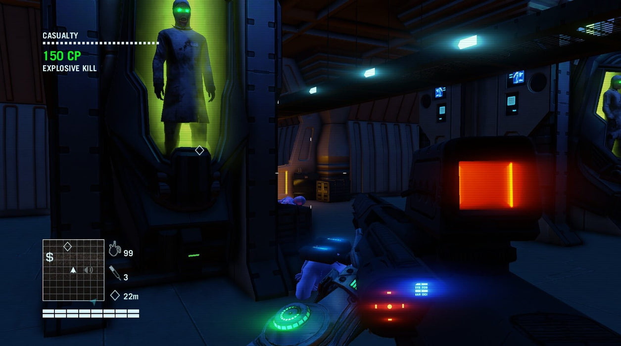 Gameplay Screenshot (PC) - Sci-Fi Laboratory: Intense in-game scene from Far Cry 3: Blood Dragon, featuring a neon-lit underground lab with a glowing, captive humanoid figure inside a containment pod. Buy your Ubisoft Connect CD Key now at RushGame.co and experience the retro-futuristic mayhem
