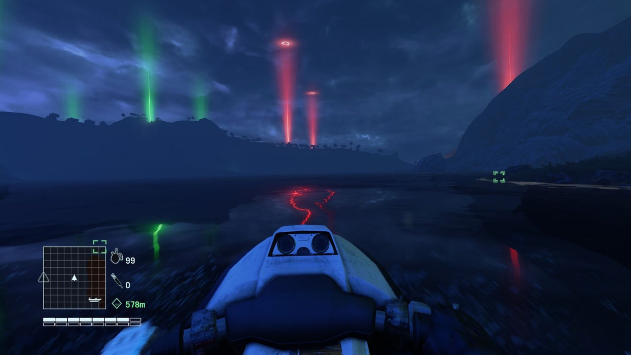 Gameplay Screenshot (PC) - Nighttime Water Ride: Immersive nighttime exploration in Far Cry 3: Blood Dragon, as the player rides a futuristic jet ski through a dark cyber landscape with glowing red and green beams illuminating the sky. Purchase your game key at RushGame.co for an unforgettable 80s-inspired shooter adventure