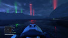 Gameplay Screenshot (PC) - Nighttime Water Ride: Immersive nighttime exploration in Far Cry 3: Blood Dragon, as the player rides a futuristic jet ski through a dark cyber landscape with glowing red and green beams illuminating the sky. Purchase your game key at RushGame.co for an unforgettable 80s-inspired shooter adventure