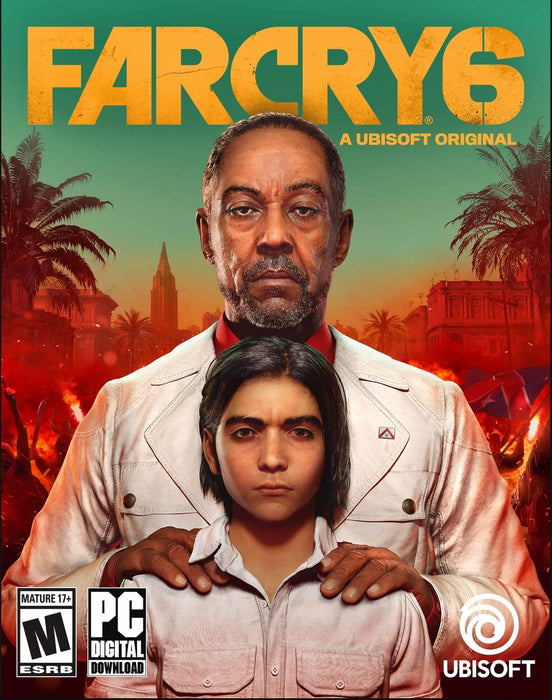 Official cover art of Far Cry 6 for PC, featuring the ruthless dictator Antón Castillo standing behind his son Diego, set against a fiery revolution in Yara. Get your Ubisoft Connect Key now at RushGame.co and join the resistance
