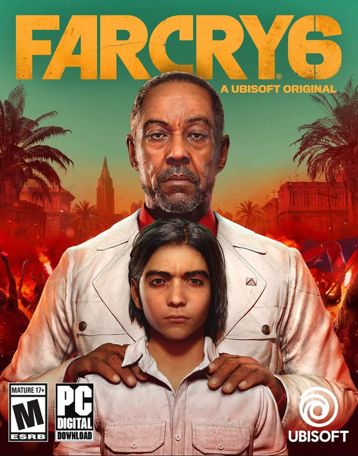 Official cover art of Far Cry 6 for PC, featuring dictator Antón Castillo standing behind his son Diego, set against the revolution in Yara. Get your Ubisoft Connect CD Key US at RushGame.co and lead the fight against tyranny