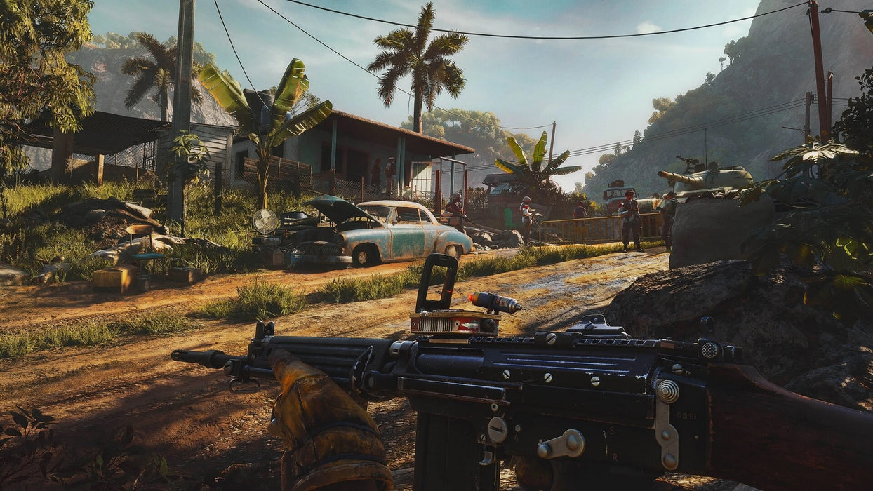 Far Cry 6 PC in-game screenshot depicting a colorful urban combat scene with heavily armed enemies, makeshift weapons, and a wild boar attacking in a chaotic post-revolution setting. Get your Ubisoft Connect CD Key at RushGame.co and fight for freedom in Yara