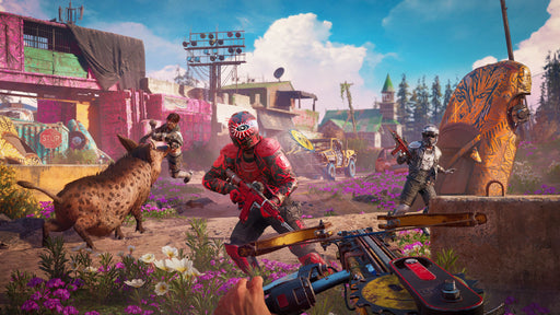 Gameplay screenshot - Action-packed combat in Far Cry 6 for PC, showing a player aiming an advanced weapon at a military checkpoint guarded by soldiers and an armored tank in a tropical setting. Secure your Ubisoft Connect CD Key now at RushGame.co and take on Castillo’s forces