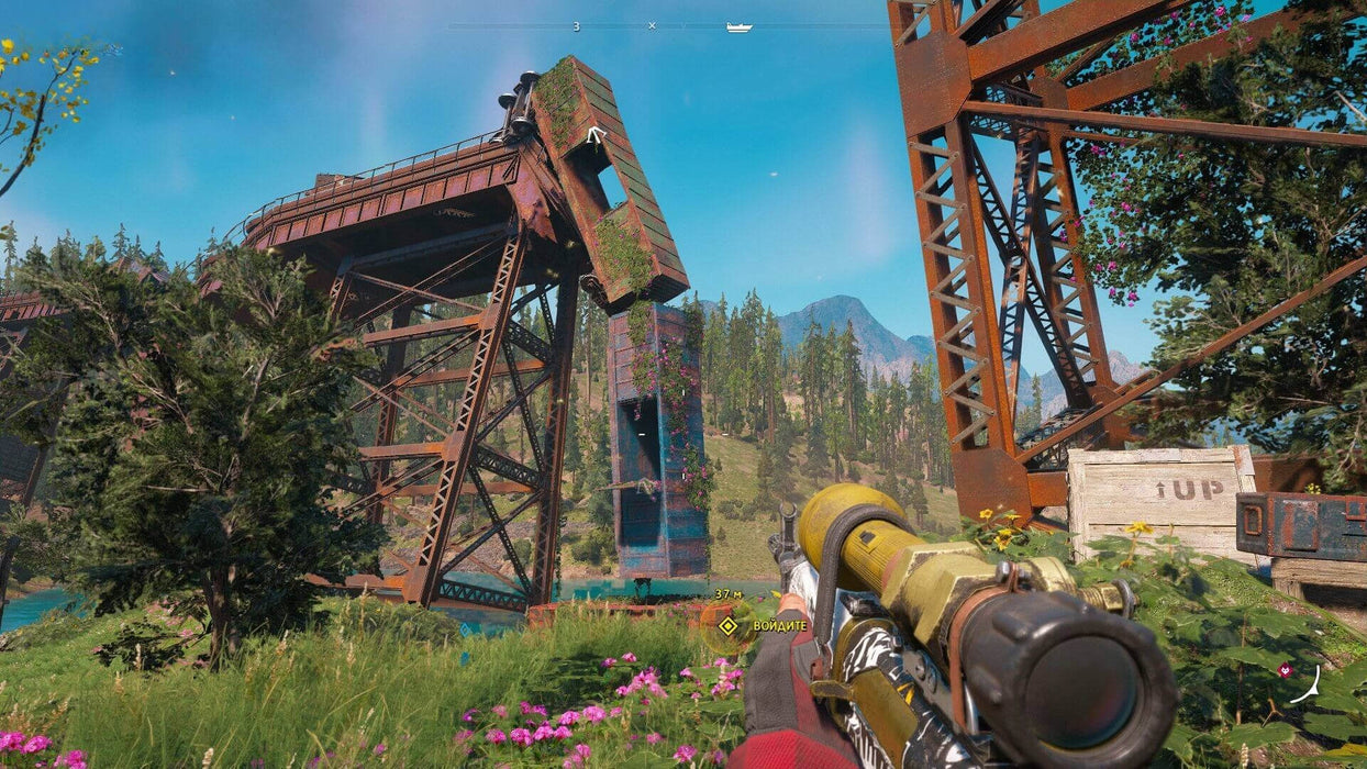 Ruined Train Bridge Scene
"Gameplay screenshot from Far Cry: New Dawn on PC, featuring a first-person perspective aiming at a collapsed train bridge overgrown with vegetation. Experience an open-world adventure—buy your game key now at RushGame.co