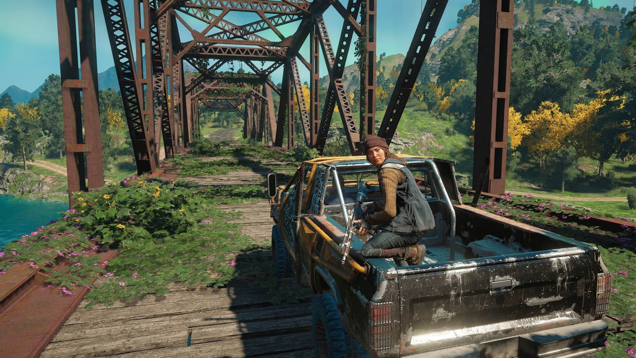 Tactical Bridge Ambush
"Action-packed screenshot from Far Cry: New Dawn on PC, depicting an armed ally sitting on the back of a rugged pickup truck, ready for combat on an abandoned railway bridge. Get your game key instantly at RushGame.co and dive into this intense FPS experience