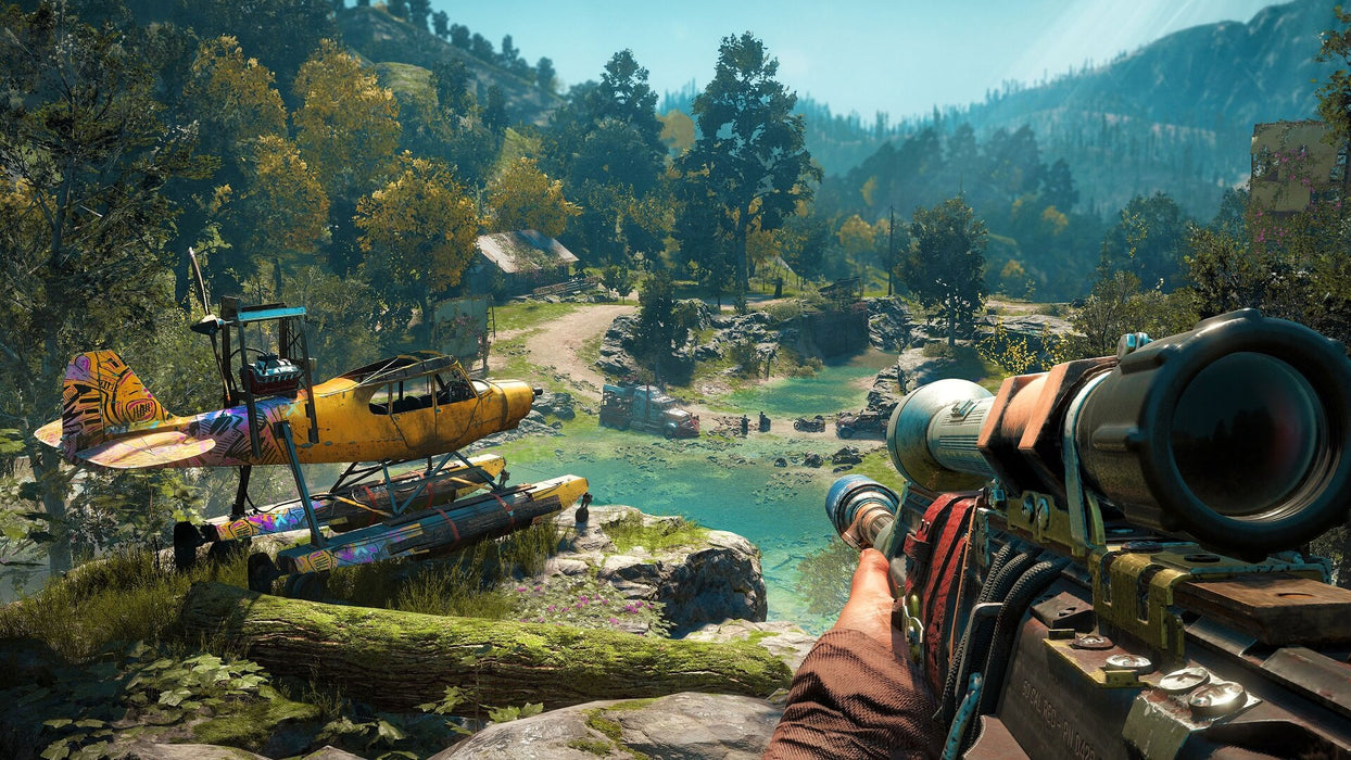 Gameplay screenshot - Sniper View Over a Vibrant Landscape
"Stunning open-world view from Far Cry: New Dawn on Xbox One, with a first-person perspective aiming at a colorful outpost featuring a makeshift airplane and lush greenery. Buy your instant digital game code now at RushGame.co and experience this post-apocalyptic adventure