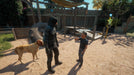 Character Interaction Scene - Gameplay screenshot from Far Cry: New Dawn on Xbox One, showing a player character in futuristic armor interacting with a child in a small survivor settlement, alongside a loyal dog companion. Secure your digital game key now at RushGame.co and explore this post-apocalyptic world