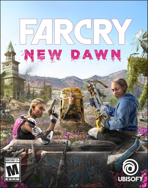 cover art for Far Cry: New Dawn on Ubisoft Connect (PC), showcasing Mickey and Lou, the main antagonists, in a vibrant post-apocalyptic world. Get your digital activation key now at RushGame.co and reclaim Hope County