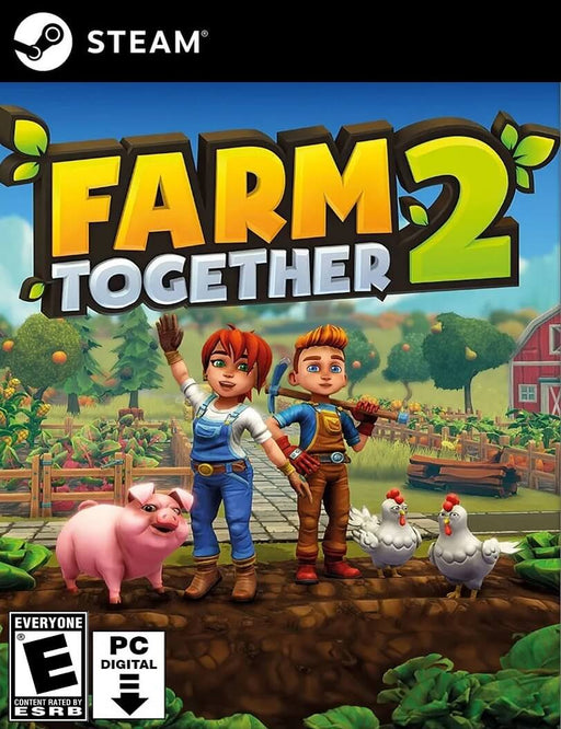 The cover of Farm Together 2 for PC on Steam, featuring two cheerful farmers waving, surrounded by farm animals and lush crops. Buy your Farm Together 2 PC Steam CD Key now at RushGame.co for instant digital delivery