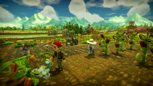 Farm Together 2 gameplay - players working on a vibrant farm – A colorful farming scene in Farm Together 2, where players are watering crops, harvesting vegetables, and managing a thriving farm with mountains in the background. Get your Farm Together 2 PC digital key at RushGame.co