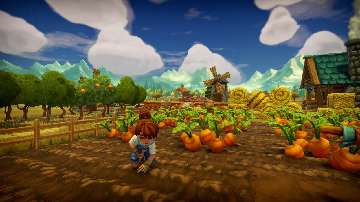Farm Together 2 gameplay - character harvesting carrots in a scenic valley – A farmer kneeling in a field of large, ripe carrots in Farm Together 2, with windmills, barns, and rolling green hills in the distance. Secure your Steam activation key for Farm Together 2 at RushGame.co