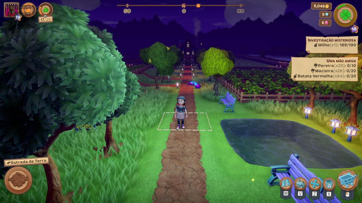 Farm Together 2 gameplay - night scene with a player exploring a farm – A nighttime scene in Farm Together 2, showing a player walking along a dirt path lined with glowing lights, lush trees, and a peaceful pond. Buy Farm Together 2 for PC Steam now at RushGame.co
