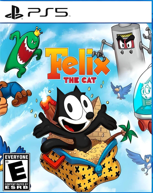 Official cover of Felix the Cat for PS5, featuring the classic black-and-white cartoon cat soaring in a magical bag with whimsical enemies and colorful animated scenery in the background. Get your PS5 CD Key (NA) now at RushGame.co