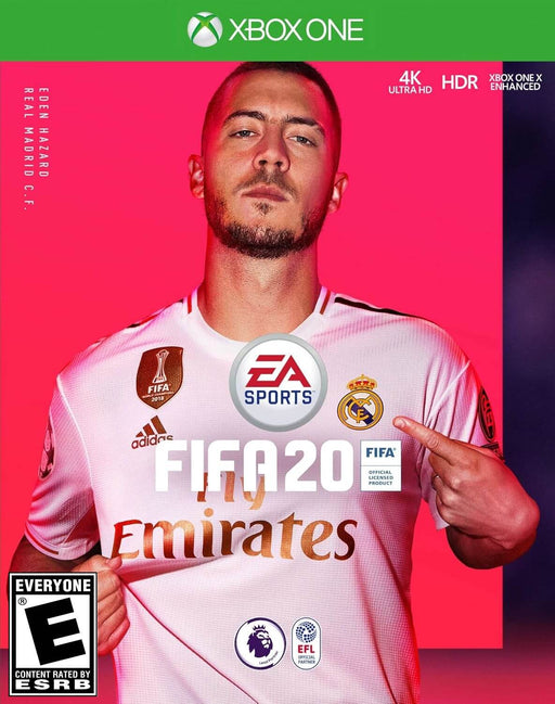 Official cover art for FIFA 20 on Xbox One, featuring Eden Hazard in a Real Madrid jersey. Experience cutting-edge football simulation with enhanced graphics, VOLTA Football mode, and Ultimate Team. Get your FIFA 20 digital key instantly at RushGame.co