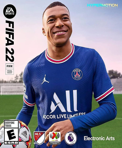 FIFA 22 PC Origin EA Play cover with Kylian Mbappé in a PSG kit, highlighting next-gen HyperMotion technology. Get your FIFA 22 PC CD Key instantly at RushGame.co