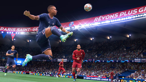 Gameplay Screenshot 1: A stunning overhead kick from Kylian Mbappé in FIFA 22, showcasing HyperMotion physics for realistic ball control. Buy FIFA 22 for PC at RushGame.co