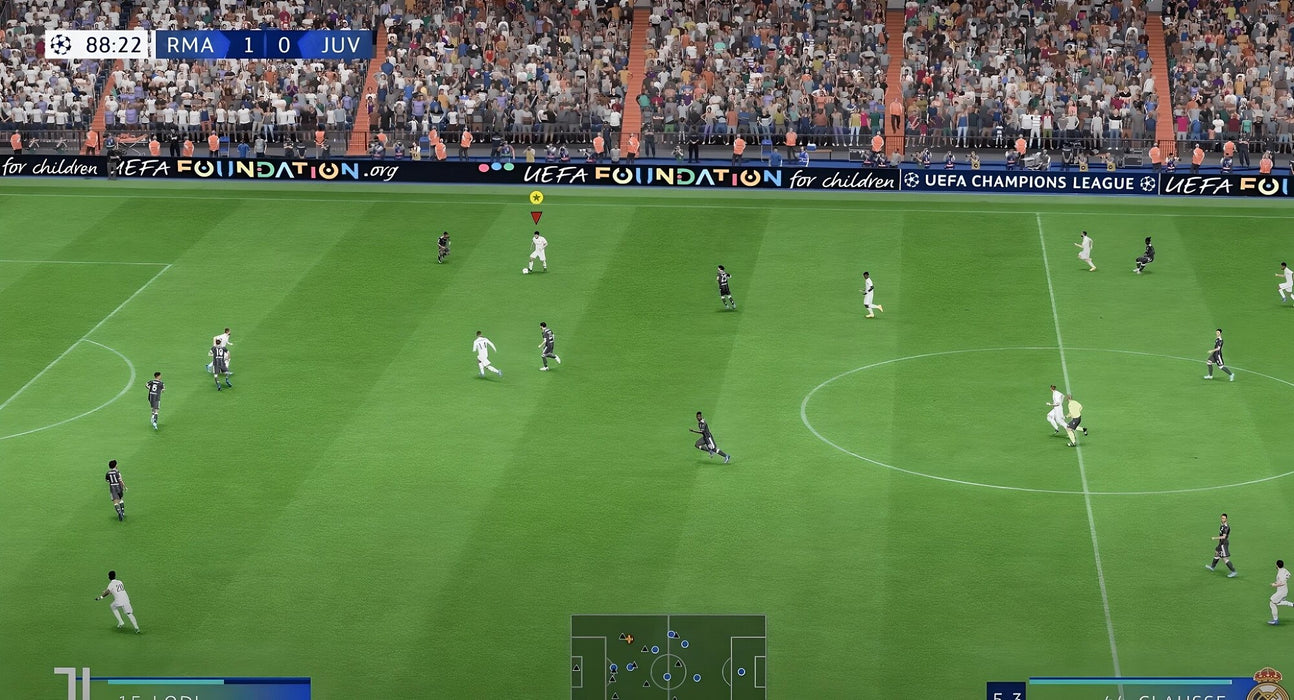 Gameplay screen - FIFA 23 gameplay screenshot showcasing an intense UEFA Champions League match between Real Madrid and Juventus. Enjoy cutting-edge graphics and tactical improvements with FIFA 23 EA Play Origin CD Key from RushGame.co