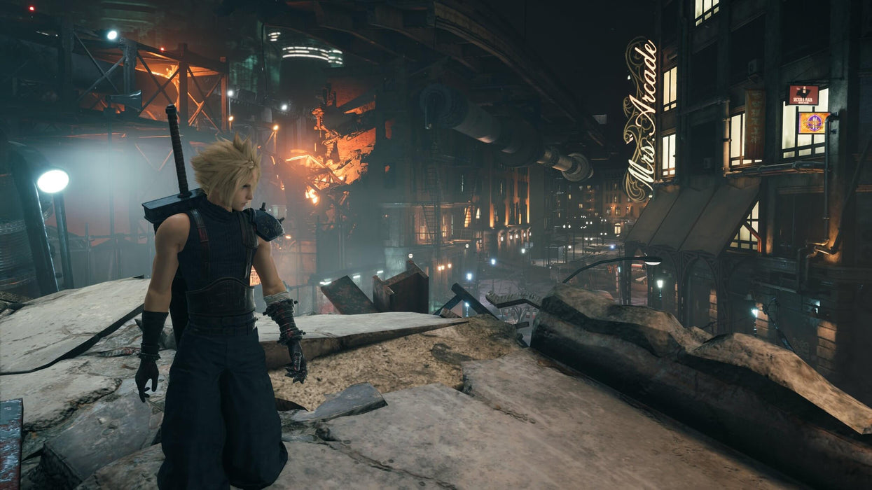 Gameplay screenshot - Cloud exploring the visually stunning cityscape of Midgar in FINAL FANTASY VII REMAKE INTERGRADE on PS5. Get your digital PS5 game key instantly from RushGame.co