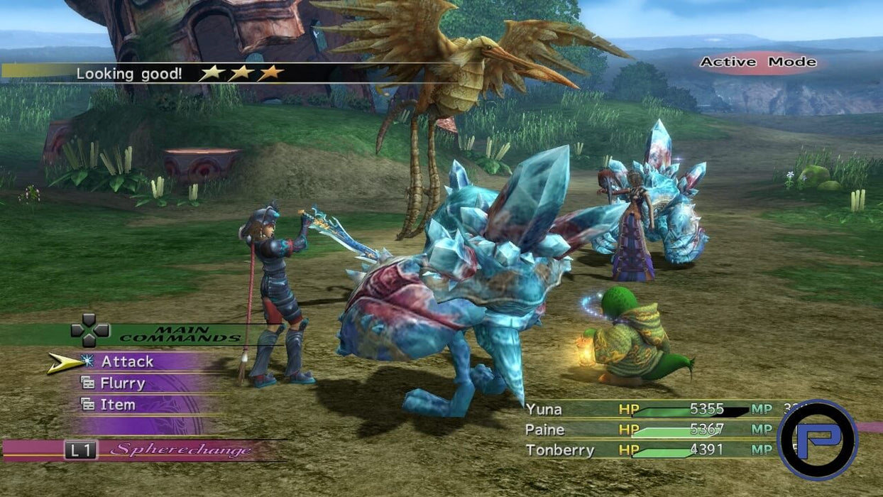 Dynamic gameplay screenshot from Final Fantasy X/X-2 HD Remaster, showing Yuna, Paine, and Tonberry engaged in strategic turn-based combat. Get your digital Steam CD Key now at RushGame.co