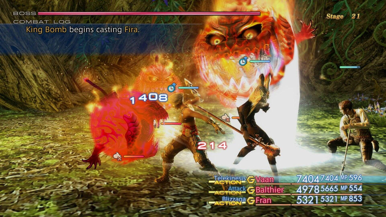 Gameplay screenshot - Exciting combat scene from Final Fantasy XII The Zodiac Age, showing Vaan, Balthier, and Fran battling the fiery King Bomb boss. Buy your instant Steam CD key at RushGame.co