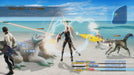 Action-packed gameplay from Final Fantasy XII The Zodiac Age, highlighting Vaan, Balthier, and Fran in intense combat on a beautiful beach setting. Purchase your digital PC Steam key from RushGame.co now