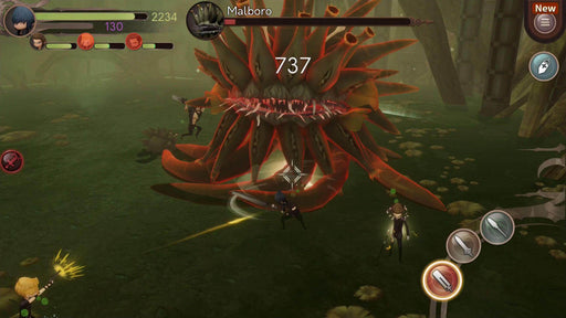 Gameplay screenshot - Intense battle gameplay screenshot from Final Fantasy XV: Pocket Edition HD, showcasing heroes fighting against the fearsome Malboro enemy. Get your Xbox activation code today at RushGame.co