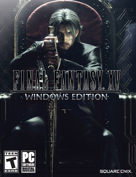 The cover of FINAL FANTASY XV Windows Edition, depicting Prince Noctis seated confidently on his throne. Buy your PC Steam CD Key securely at RushGame.co