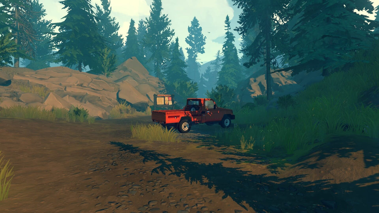 Firewatch gameplay screenshot on PC showcasing a red truck parked on a wooded trail, highlighting the game's immersive open-world setting. Activate your Firewatch GOG PC CD Key from RushGame.co and explore the story-rich world