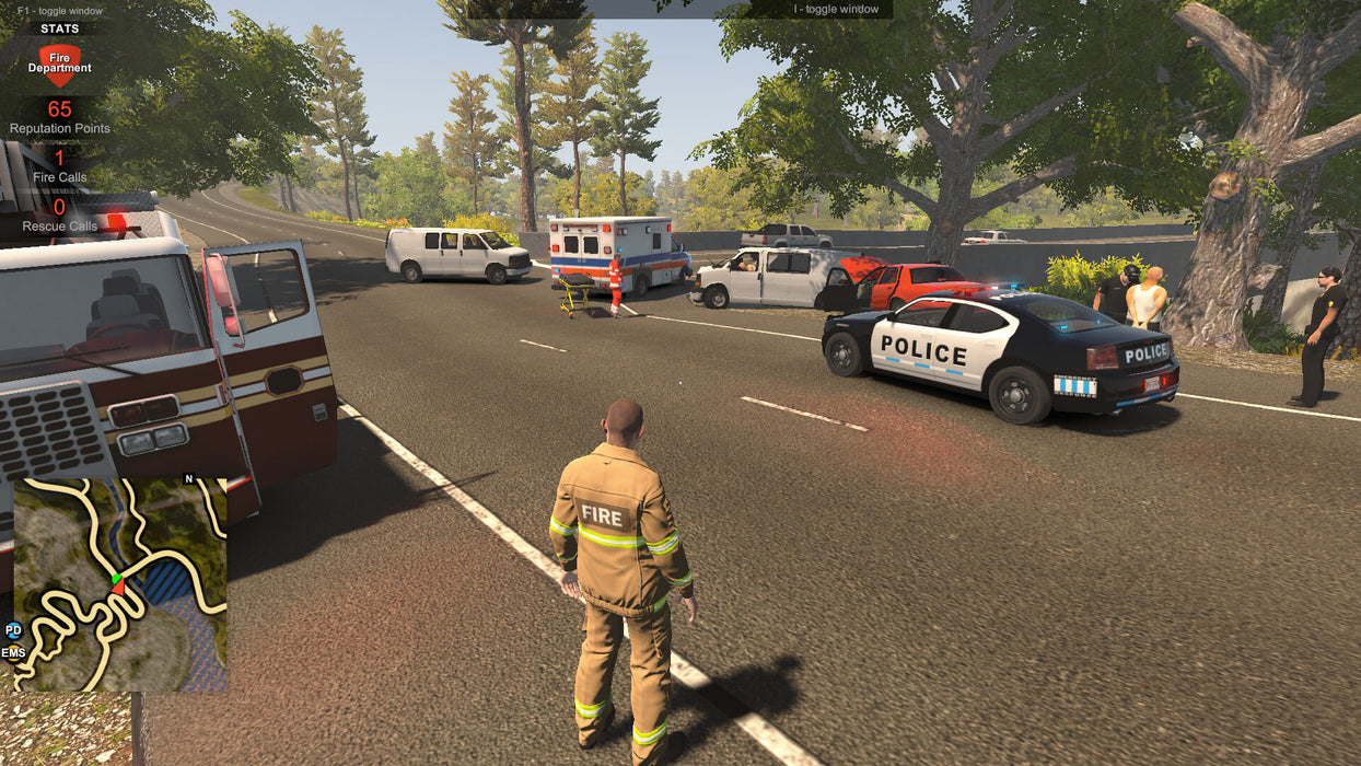 In-game screenshot of Flashing Lights on PC Steam, depicting emergency responders coordinating at the scene of a serious road accident with police, fire trucks, and ambulances. Activate your Flashing Lights CD Key instantly from RushGame.co and take command of crucial rescue missions